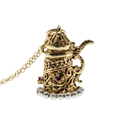 Cheers - Vintage 10K Gold Natural Ruby & Pearl Jewelled Mechanical Beer Stein Pendant & 14K GF Chain (VP284)