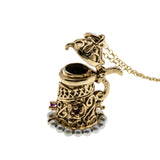 Cheers - Vintage 10K Gold Natural Ruby & Pearl Jewelled Mechanical Beer Stein Pendant & 14K GF Chain (VP284)