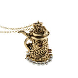 Cheers - Vintage 10K Gold Natural Ruby & Pearl Jewelled Mechanical Beer Stein Pendant & 14K GF Chain (VP284)