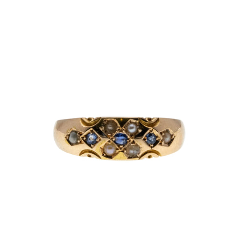 On This Day In 1898 - Victorian English 15K Gold Natural Sapphire & Seed Pearl Carved Gypsy Ring (VICR183)