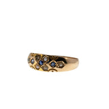 On This Day In 1898 - Victorian English 15K Gold Natural Sapphire & Seed Pearl Carved Gypsy Ring (VICR183)