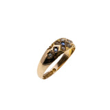 On This Day In 1898 - Victorian English 15K Gold Natural Sapphire & Seed Pearl Carved Gypsy Ring (VICR183)