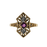 Lady In Red - Vintage Art Deco Revival 10K Gold Natural Ruby & Diamond Ornate Shield Ring (VR1084)