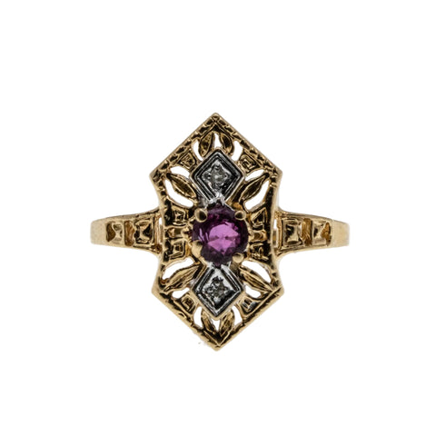 Lady In Red - Vintage Art Deco Revival 10K Gold Natural Ruby & Diamond Ornate Shield Ring (VR1084)