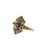 Lady In Red - Vintage Art Deco Revival 10K Gold Natural Ruby & Diamond Ornate Shield Ring (VR1084)