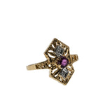 Lady In Red - Vintage Art Deco Revival 10K Gold Natural Ruby & Diamond Ornate Shield Ring (VR1084)