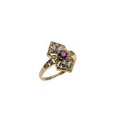Lady In Red - Vintage Art Deco Revival 10K Gold Natural Ruby & Diamond Ornate Shield Ring (VR1084)