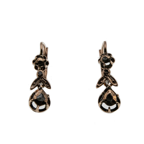 Roses & Diamonds - Victorian French 10K Rose Gold & Silver Rose Cut Diamond Dangly Earrings ( VICE043)