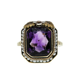 Purple Reign - Edwardian Dated 1919 14K Gold Natural Amethyst & Pearl 'Forget-Me- Knot' Filigree  Ring (EDR102)