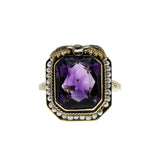 Purple Reign - Edwardian Dated 1919 14K Gold Natural Amethyst & Pearl 'Forget-Me- Knot' Filigree  Ring (EDR102)