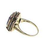 Purple Reign - Edwardian Dated 1919 14K Gold Natural Amethyst & Pearl 'Forget-Me- Knot' Filigree  Ring (EDR102)