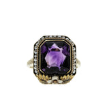 Purple Reign - Edwardian Dated 1919 14K Gold Natural Amethyst & Pearl 'Forget-Me- Knot' Filigree  Ring (EDR102)