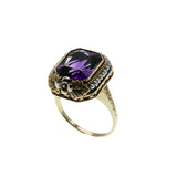 Purple Reign - Edwardian Dated 1919 14K Gold Natural Amethyst & Pearl 'Forget-Me- Knot' Filigree  Ring (EDR102)