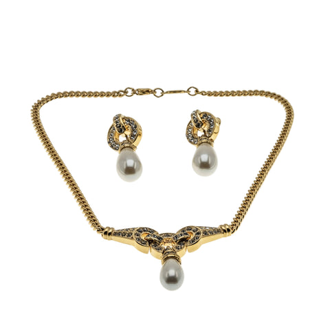 My Special Day - Vintage Signed Vendome Gold Plated Pearl, Austrian Crystal Rhinestone Necklace & Clip-On Earring Set (VN254)