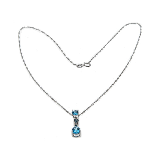 Raindrops - Estate 10K White Gold Natural Swiss Blue Topaz & Diamond Pendant & 14K Chain (EP062)