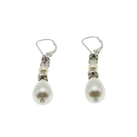 White Wedding - Vintage Sterling Silver Pearl & Crystal Rhinestone Dangly Earrings (VE511)