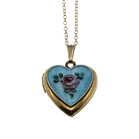 Floral Keepsake - Vintage Victorian Revival Gold Fill Guilloché Enamel Flower Locket Pendant & 14K Gold Fill Chain (VP291)