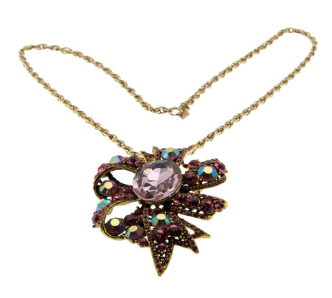 Sparkling Bow - Vintage Gold Plated Aurora Borealis Crystal Rhinestone Pendant/Brooch Signed 'Sarah Coventry' Chain (VP294)