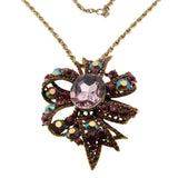 Sparkling Bow - Vintage Gold Plated Aurora Borealis Crystal Rhinestone Pendant/Brooch Signed 'Sarah Coventry' Chain (VP294)