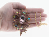 Sparkling Bow - Vintage Gold Plated Aurora Borealis Crystal Rhinestone Pendant/Brooch Signed 'Sarah Coventry' Chain (VP294)
