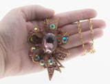 Sparkling Bow - Vintage Gold Plated Aurora Borealis Crystal Rhinestone Pendant/Brooch Signed 'Sarah Coventry' Chain (VP294)