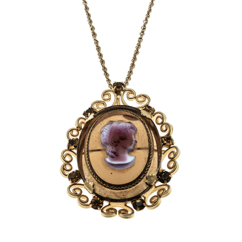 Glowing Portrait - Vintage Victorian Revival Signed 'CELEBRITY N.Y.' Gold Plated Glass Cameo Crystal Rhinestone Ornate Pendant/Brooch & Chain (VP295)