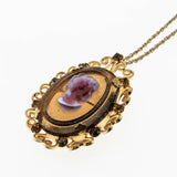 Glowing Portrait - Vintage Victorian Revival Signed 'CELEBRITY N.Y.' Gold Plated Glass Cameo Crystal Rhinestone Ornate Pendant/Brooch & Chain (VP295)