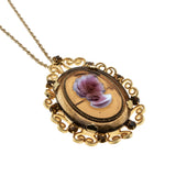 Glowing Portrait - Vintage Victorian Revival Signed 'CELEBRITY N.Y.' Gold Plated Glass Cameo Crystal Rhinestone Ornate Pendant/Brooch & Chain (VP295)