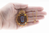 Glowing Portrait - Vintage Victorian Revival Signed 'CELEBRITY N.Y.' Gold Plated Glass Cameo Crystal Rhinestone Ornate Pendant/Brooch & Chain (VP295)