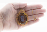 Glowing Portrait - Vintage Victorian Revival Signed 'CELEBRITY N.Y.' Gold Plated Glass Cameo Crystal Rhinestone Ornate Pendant/Brooch & Chain (VP295)