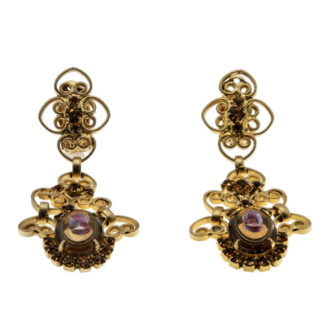 Glowing Portraits - Vintage Victorian Revival Signed 'CELEBRITY N.Y.' Gold Plated Glass Cameo Crystal Rhinestone Clip-On Earrings (VE512)