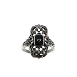 Midnight Sky - Vintage Sterling Silver Black Enamel & Crystal Rhinestone Ring (VR1096)