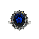 Classic - Vintage Sterling Silver Sapphire Glass & Cubic Zirconia Cluster Ring (VR1099)