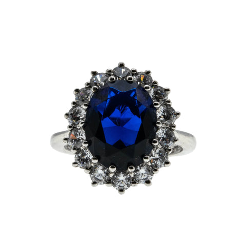 Classic - Vintage Sterling Silver Sapphire Glass & Cubic Zirconia Cluster Ring (VR1099)
