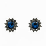 Classic - Vintage Silver Tone Sapphire Glass & Crystal Rhinestone Cluster Earrings (VE514)