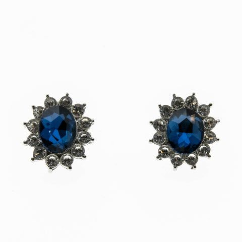 Classic - Vintage Silver Tone Sapphire Glass & Crystal Rhinestone Cluster Earrings (VE514)