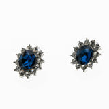 Classic - Vintage Silver Tone Sapphire Glass & Crystal Rhinestone Cluster Earrings (VE514)