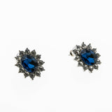 Classic - Vintage Silver Tone Sapphire Glass & Crystal Rhinestone Cluster Earrings (VE514)