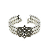 Edwardian Revival - Vintage Silver Plated Faux Pearl & Crystal Rhinestone Triple Strand Bracelet (VB145)