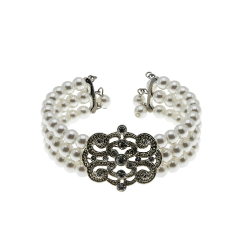 Edwardian Revival - Vintage Silver Plated Faux Pearl & Crystal Rhinestone Triple Strand Bracelet (VB145)