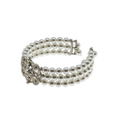 Edwardian Revival - Vintage Silver Plated Faux Pearl & Crystal Rhinestone Triple Strand Bracelet (VB145)