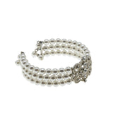 Edwardian Revival - Vintage Silver Plated Faux Pearl & Crystal Rhinestone Triple Strand Bracelet (VB145)