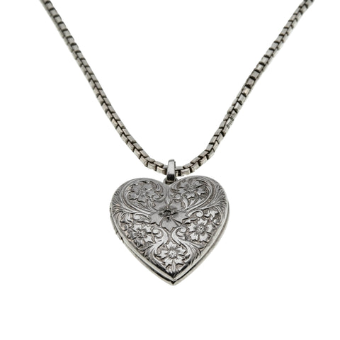 Sentiment & Sparkle -  Vintage Sterling Silver Natural Diamond 'Forget-Me-Knot' Chased Heart Locket Pendant & Chain (VP296)