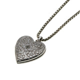 Sentiment & Sparkle -  Vintage Sterling Silver Natural Diamond 'Forget-Me-Knot' Chased Heart Locket Pendant & Chain (VP296)