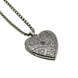 Sentiment & Sparkle -  Vintage Sterling Silver Natural Diamond 'Forget-Me-Knot' Chased Heart Locket Pendant & Chain (VP296)