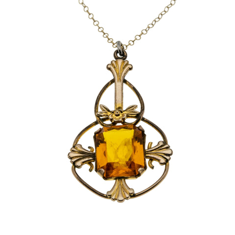 Warm Summer Days - Edwardian 'Art Nouveau' Gold Fill Glass Topaz Pendant & 14K Gold Fill Chain (EDP034)