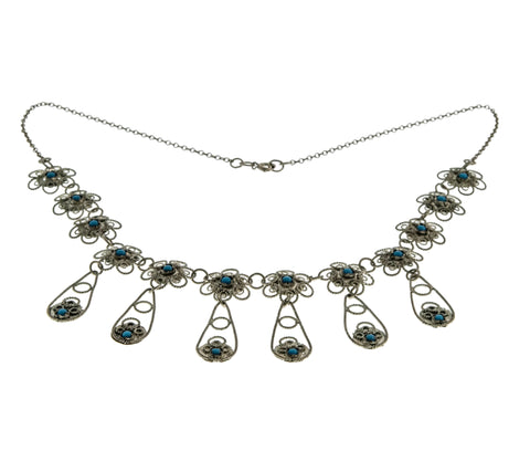 Mediterranean Lace - Vintage 900 Silver Turquoise (Simulated) Hand-Made Filigree Necklace (VN258)