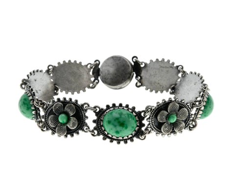 Exotic Treasure - Art Deco 900 Silver Simulated Jade Cabochon Floral Bracelet (ADB020)