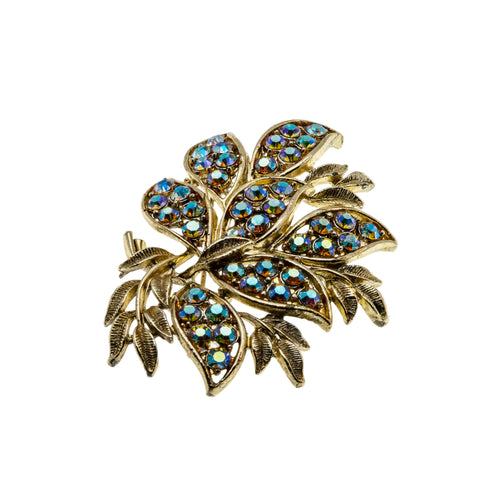 Glistening Leaves - Vintage Gold Plated Aurora Borealis Crystal Rhinestone Foliage Brooch (VBR337)