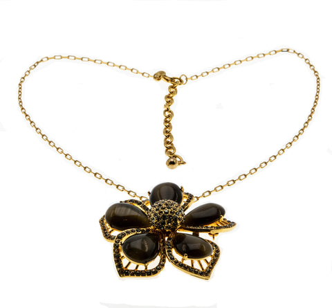 Golden Flower -  Estate Signed 'Joan Rivers' Gold Plate Glass Tiger Eye & Crystal Rhine Stone Pendant/Brooch (EP064)